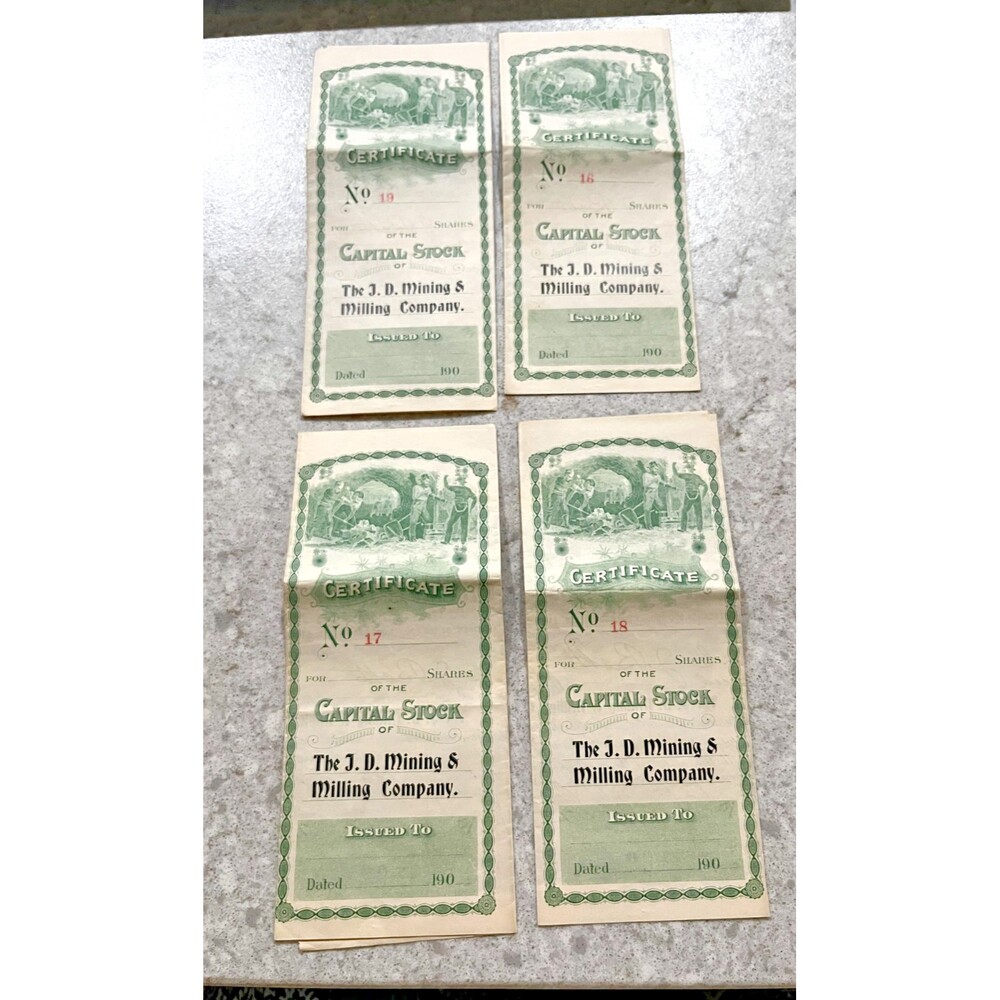 1906 Pueblo Colorado The J.D. Mining & Milling Co. Stock Certificate lot of 4